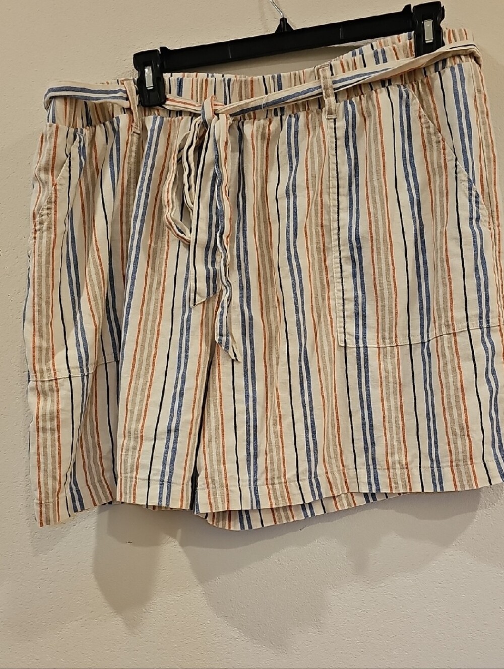 a.n.a Striped Elastic Waist Shorts in Cream, Blue & Orange With Pockets & Belt